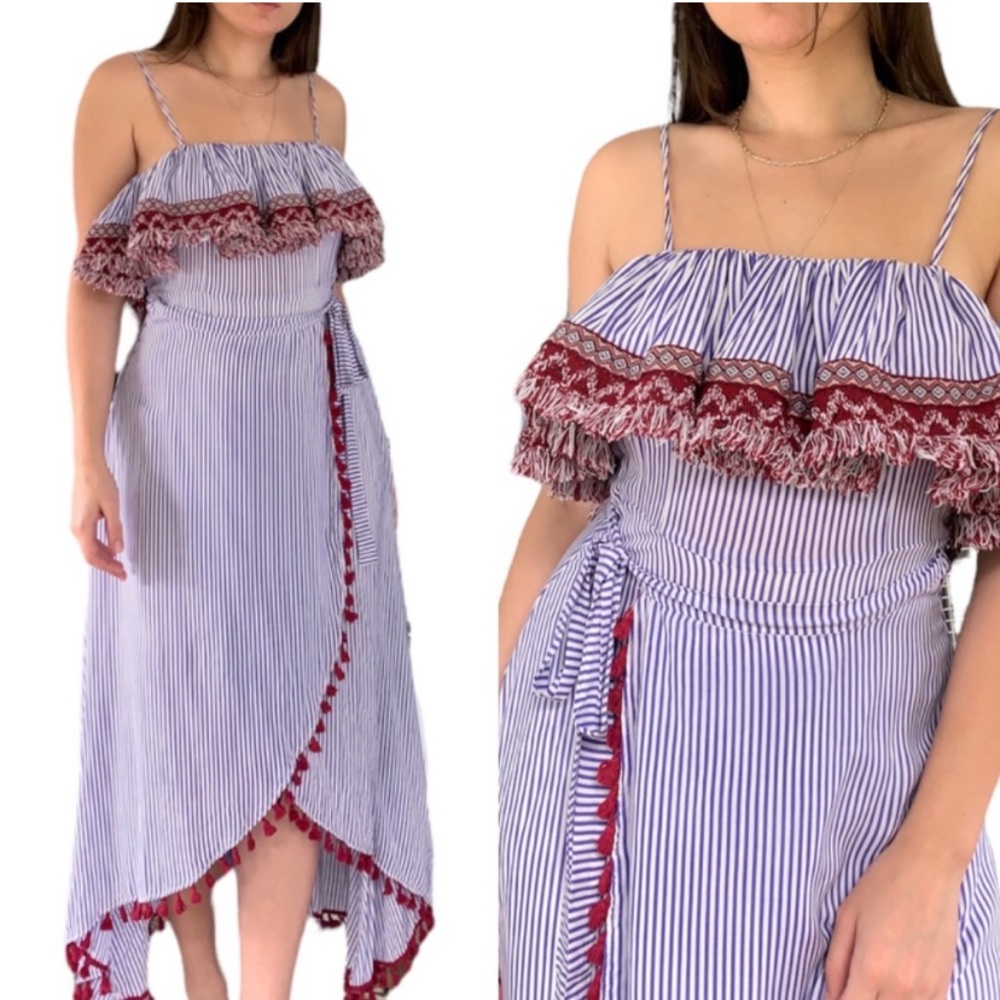 LeTarte Striped Pom Pom Maxi Wrap Dress